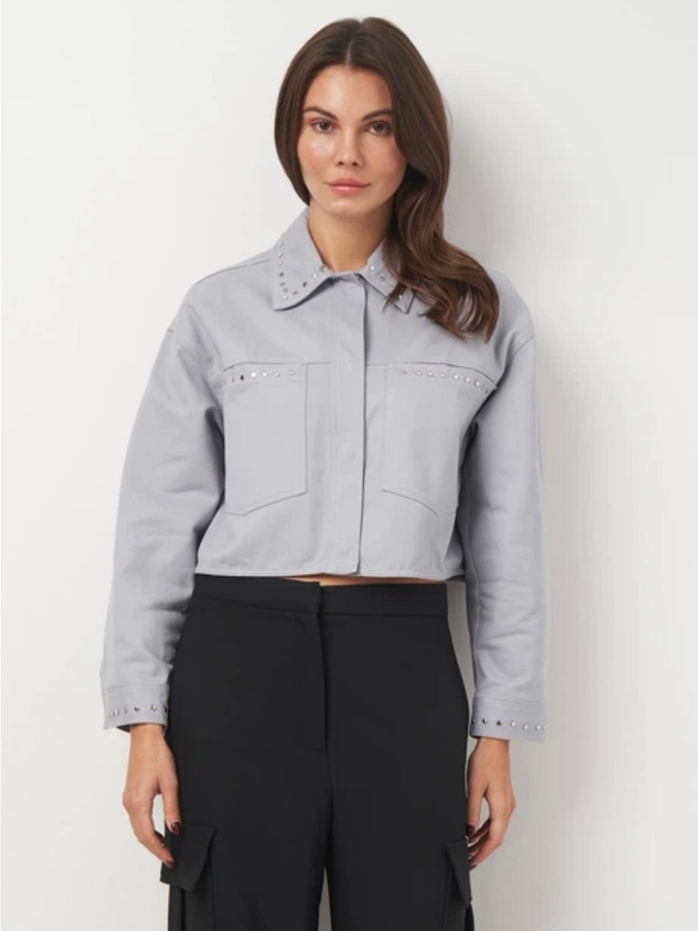 Zara Light Gray Cropped Utility Jacket with Stud Details